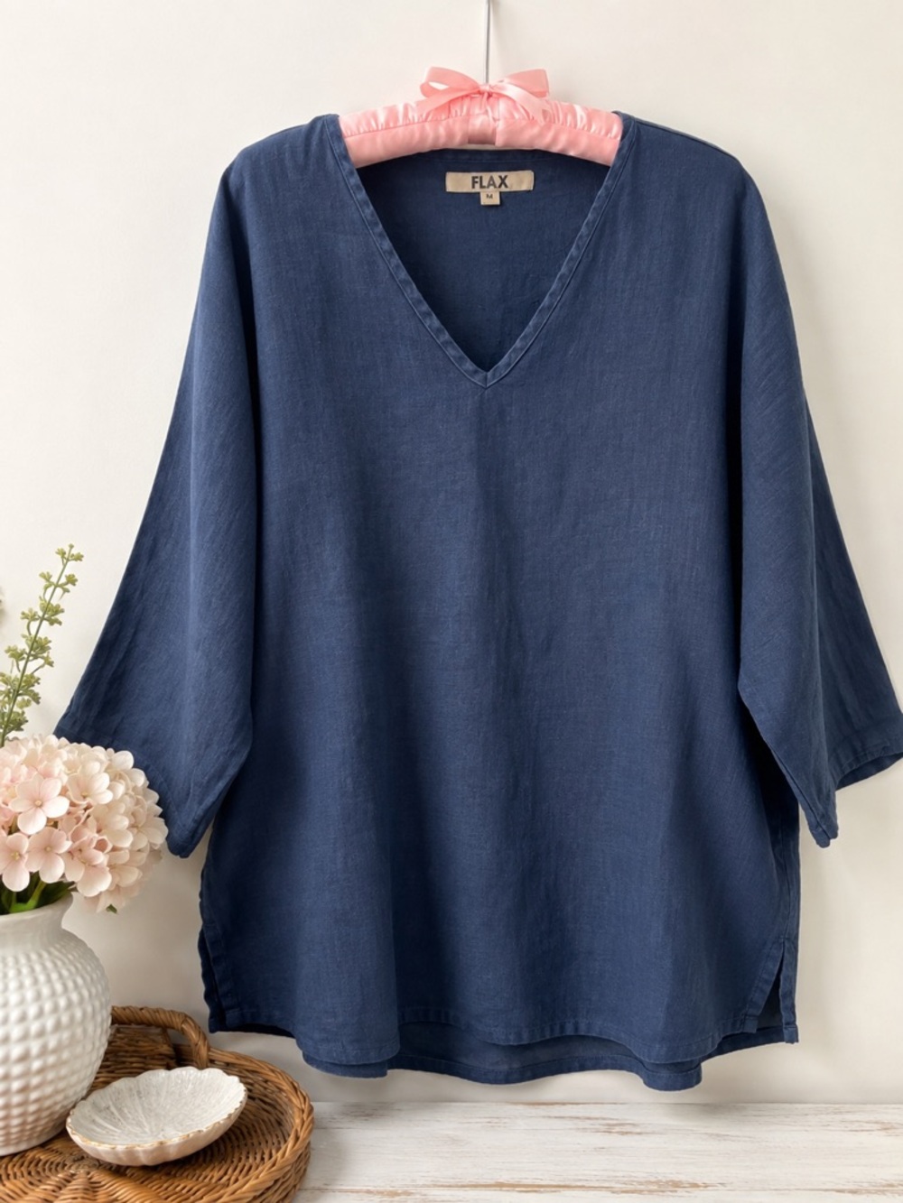 FLAX Blue 100% Linen Lagenlook V-Neck Tunic Top Size M
